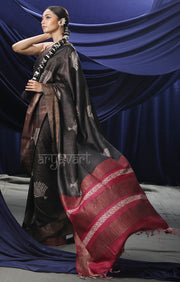 Umber Brown Tussar Silk With Fern Leaf Block Print Design