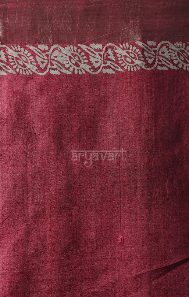 Umber Brown Tussar Silk With Fern Leaf Block Print Design
