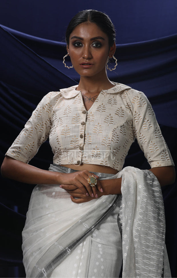 Off White Gold Foil Leaf Motif Blouse With Gold Buttons