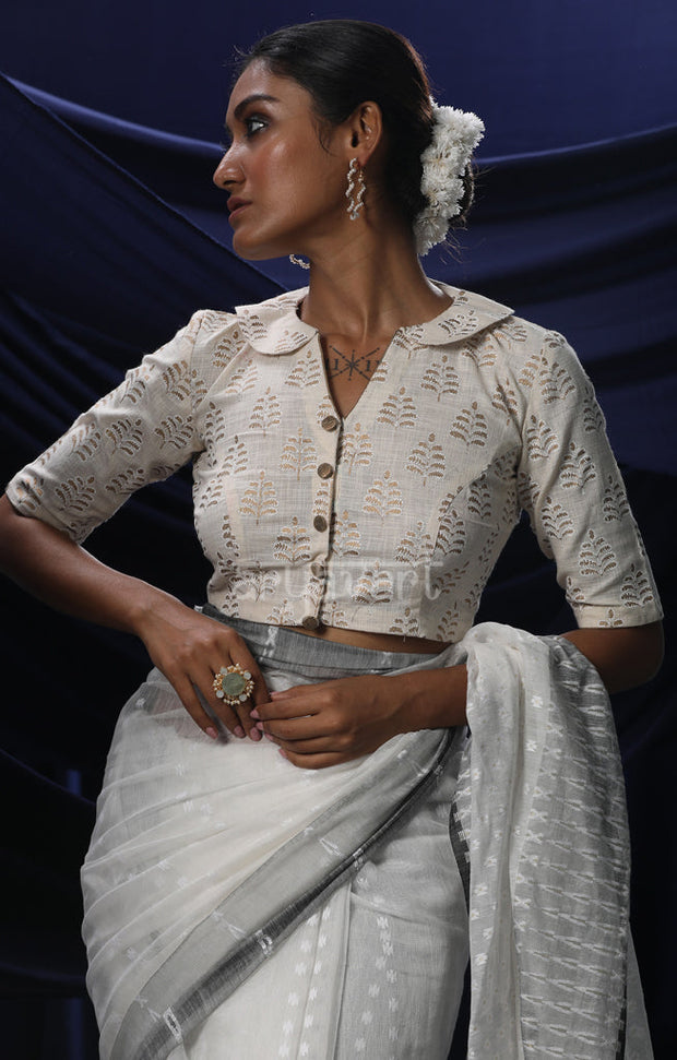 Off White Gold Foil Leaf Motif Blouse With Gold Buttons