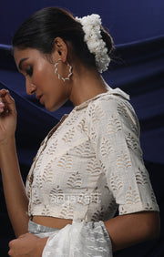 Off White Gold Foil Leaf Motif Blouse With Gold Buttons