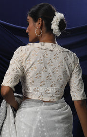 Off White Gold Foil Leaf Motif Blouse With Gold Buttons