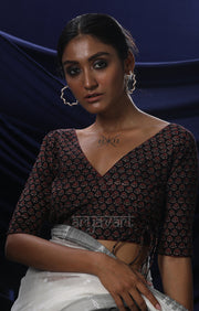 Black Kalamkari Print Blouse With Red Piping