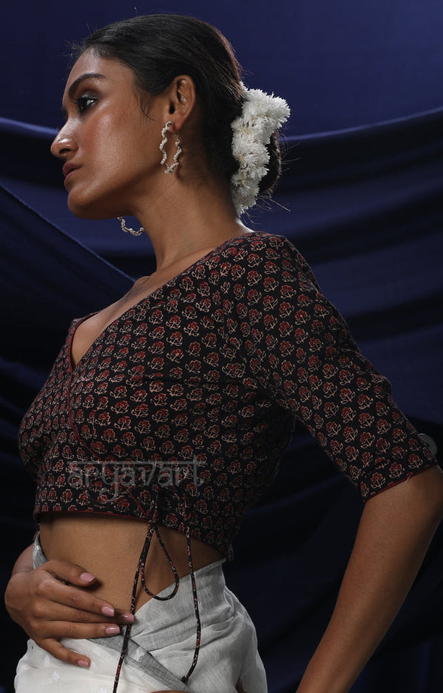 Black Kalamkari Print Blouse With Red Piping