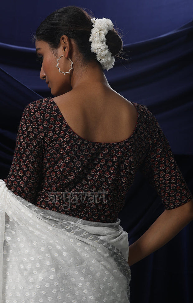 Black Kalamkari Print Blouse With Red Piping