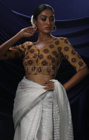 Mustard Yellow Ajrak Print Blouse With Tie-up Loop Detailing