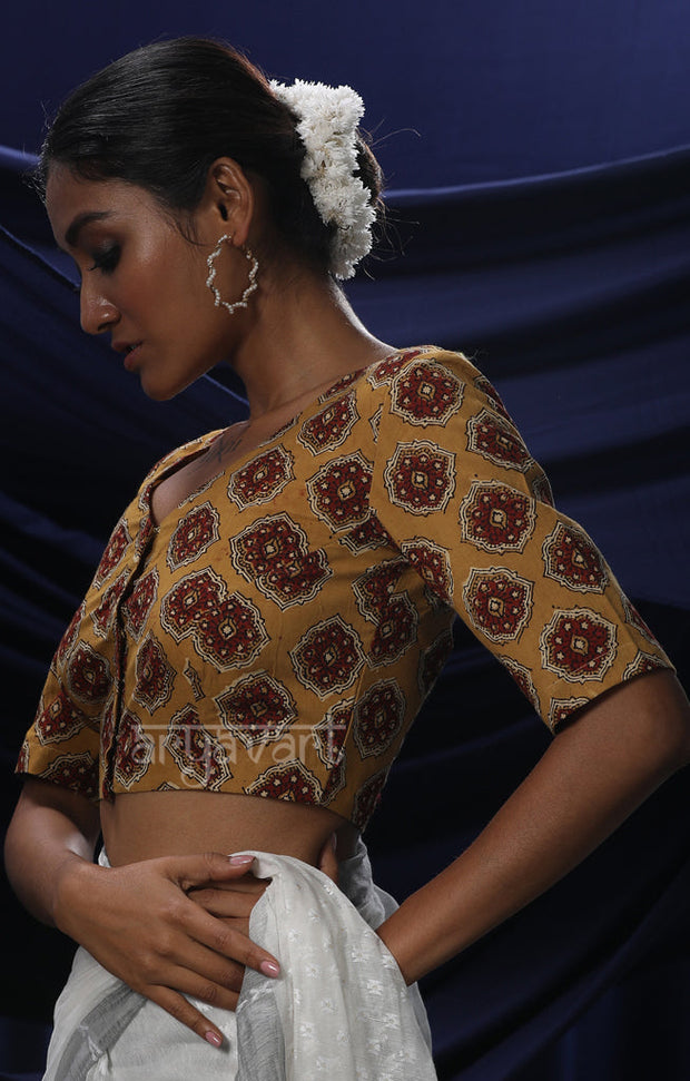 Mustard Yellow Ajrak Print Blouse With Tie-up Loop Detailing