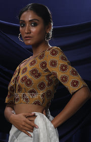 Mustard Yellow Ajrak Print Blouse With Tie-up Loop Detailing