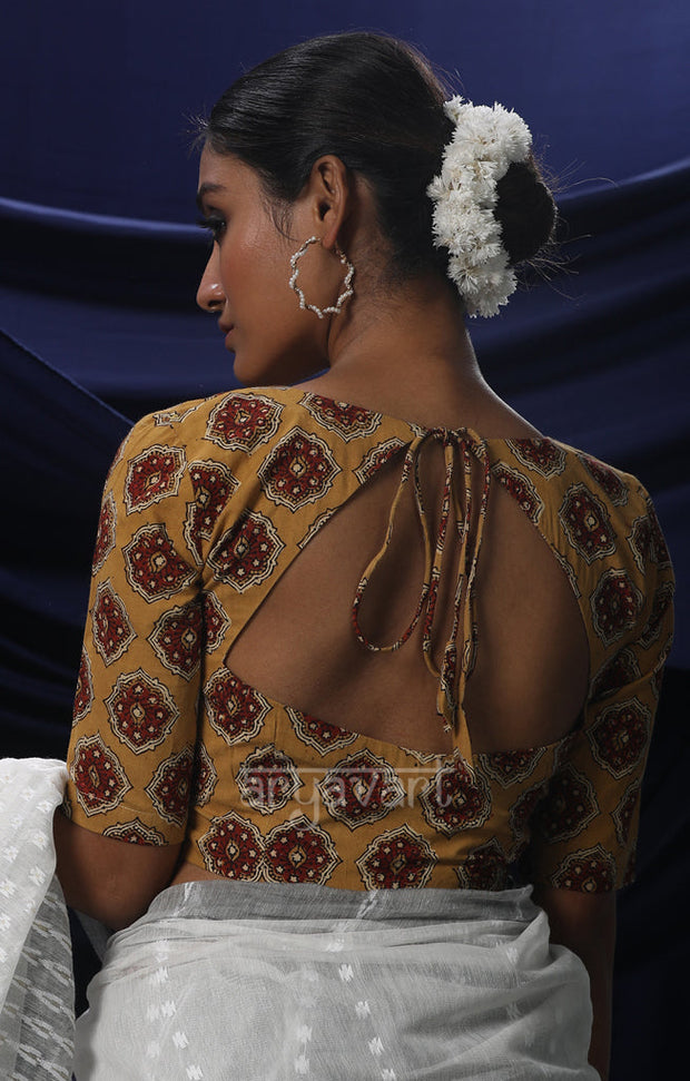 Mustard Yellow Ajrak Print Blouse With Tie-up Loop Detailing