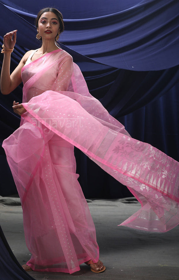 Baby Pink Jamdani Saree with Siver Zari Woven Design