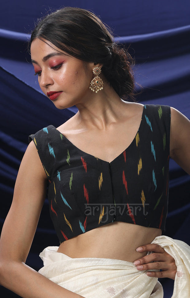 Striking Black with Multicolour Weave Ikkat Blouse