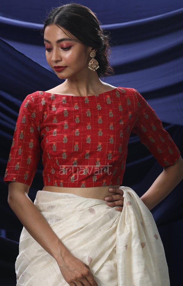 Earthy Red Blouse with Golden Checks & Print