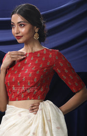 Earthy Red Blouse with Golden Checks & Print