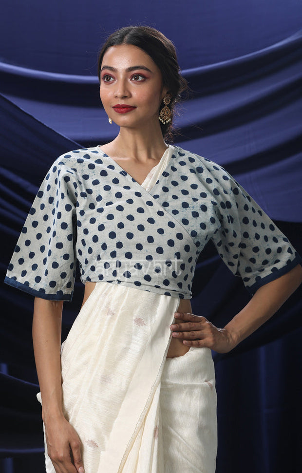 White Blouse With Indigo Blue Polka Dots
