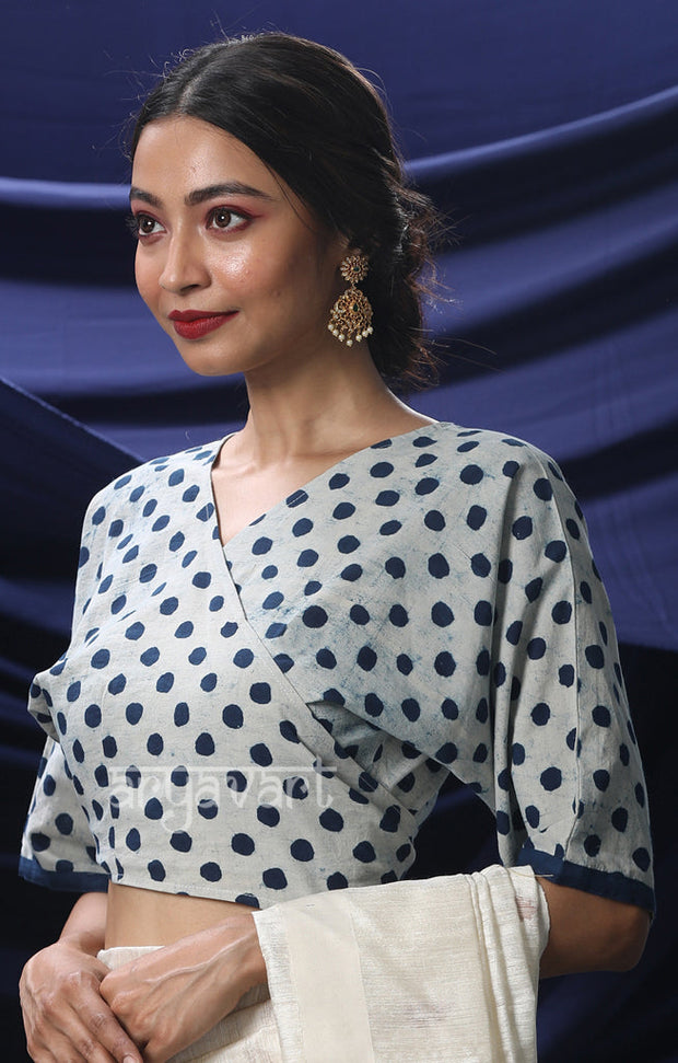 White Blouse With Indigo Blue Polka Dots