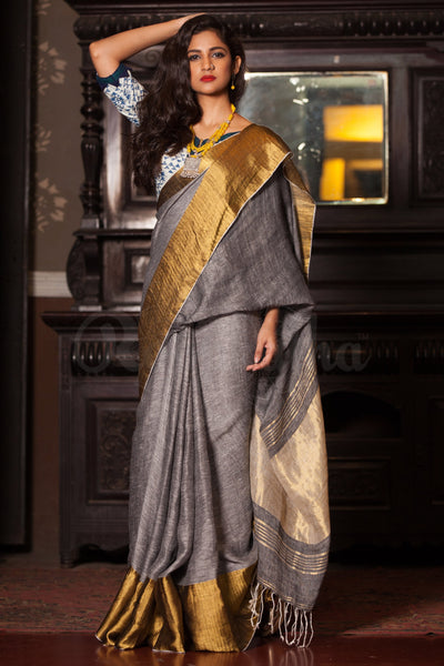 Grey Linen Saree With Wide Zari Border
