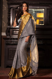 Grey Linen Saree With Wide Zari Border
