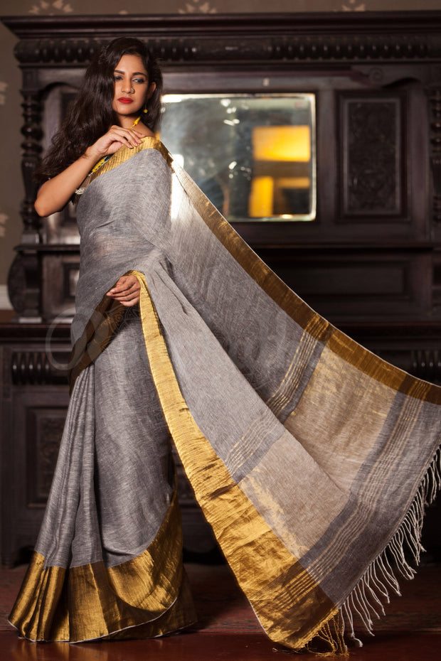 Grey Linen Saree With Wide Zari Border