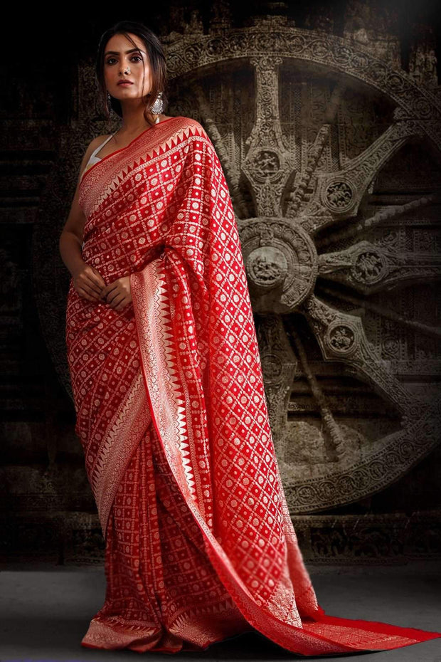 Vermilion Red Saree with Zari Geometric Woven Design