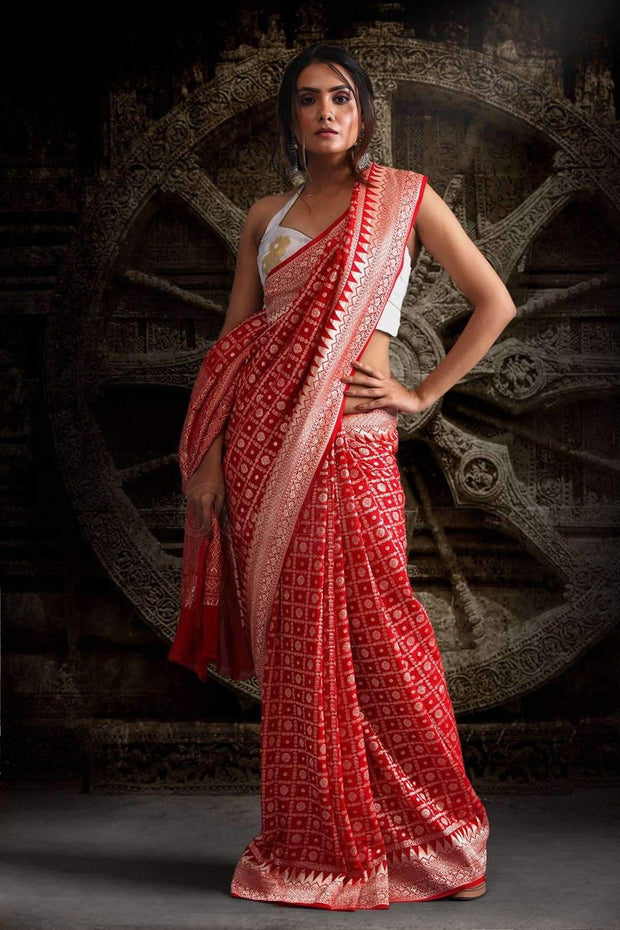 Vermilion Red Saree with Zari Geometric Woven Design