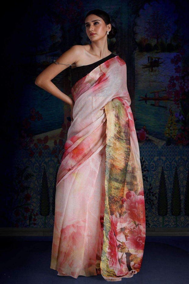 Blush Pink Digital Printed Linen Saree With Zari Border & Pallu