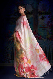 Blush Pink Digital Printed Linen Saree With Zari Border & Pallu
