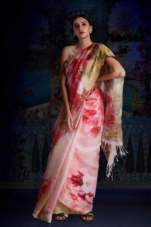 Blush Pink Digital Printed Linen Saree With Zari Border & Pallu