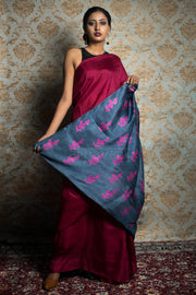 Fuchsia Pink & Grey Block Print Silk Saree