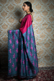 Fuchsia Pink & Grey Block Print Silk Saree