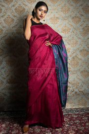 Fuchsia Pink & Grey Block Print Silk Saree