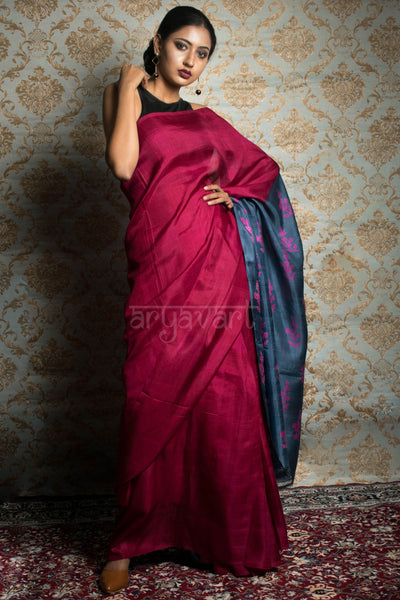 Fuchsia Pink & Grey Block Print Silk Saree
