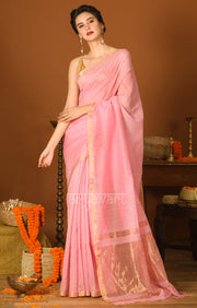 Strawberry Pink Silk Cotton Saree with Gold Zari Checks & Pallu