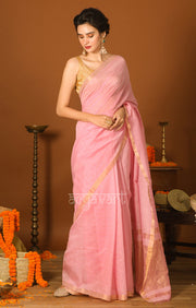 Strawberry Pink Silk Cotton Saree with Gold Zari Checks & Pallu