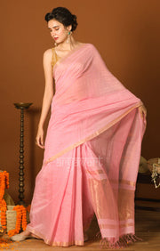 Strawberry Pink Silk Cotton Saree with Gold Zari Checks & Pallu