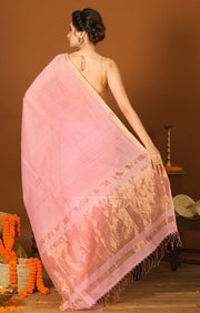 Strawberry Pink Silk Cotton Saree with Gold Zari Checks & Pallu