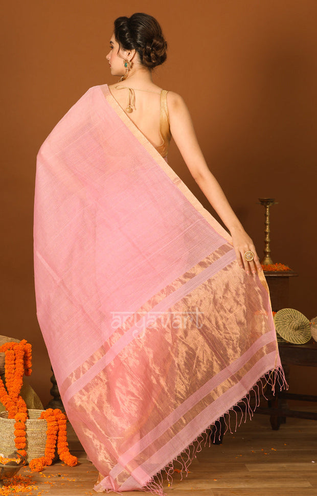 Strawberry Pink Silk Cotton Saree with Gold Zari Checks & Pallu