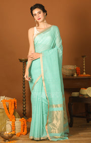 Aquamarine Blue Silk Cotton Saree with Gold Zari Checks & Pallu