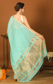 Aquamarine Blue Silk Cotton Saree with Gold Zari Checks & Pallu