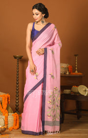 Blush Pink Cotton Saree with Navy Blue Border & Jamdani Woven Design