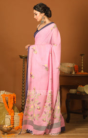 Blush Pink Cotton Saree with Navy Blue Border & Jamdani Woven Design
