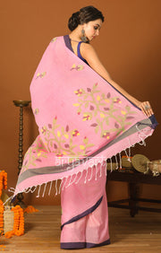 Blush Pink Cotton Saree with Navy Blue Border & Jamdani Woven Design