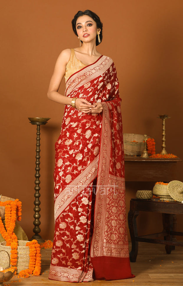 Burgundy Saree with Zari Floral Woven Design