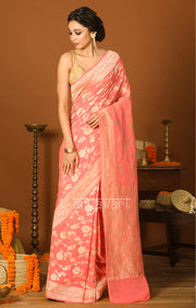 Coral Chiffon Saree with Zari Floral Woven Design