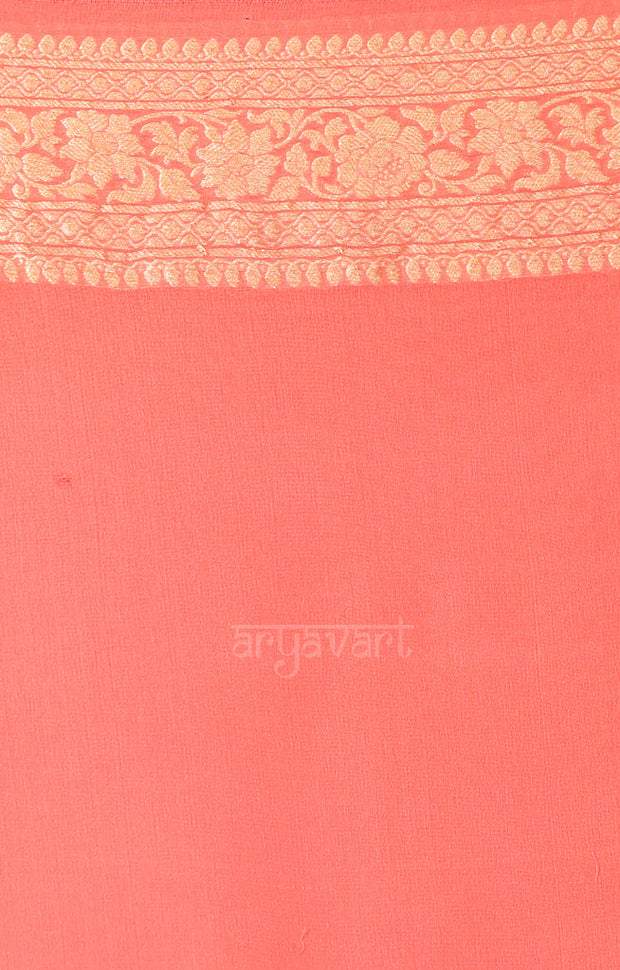 Coral Chiffon Saree with Zari Floral Woven Design
