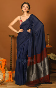 Midnight Blue Cotton Saree With a Stunning Red and Silver Pallu