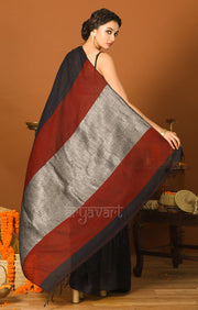 Midnight Blue Cotton Saree With a Stunning Red and Silver Pallu