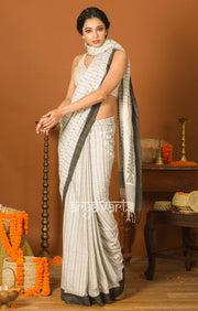 White Cotton Saree with Black Border & Woven Design