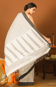 White Cotton Saree with Black Border & Woven Design