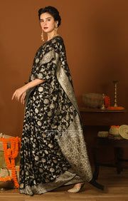 Black Chiffon Saree with Silver Zari Floral Weave