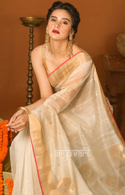 Pearl White Chanderi Saree with Woven Zari Butta